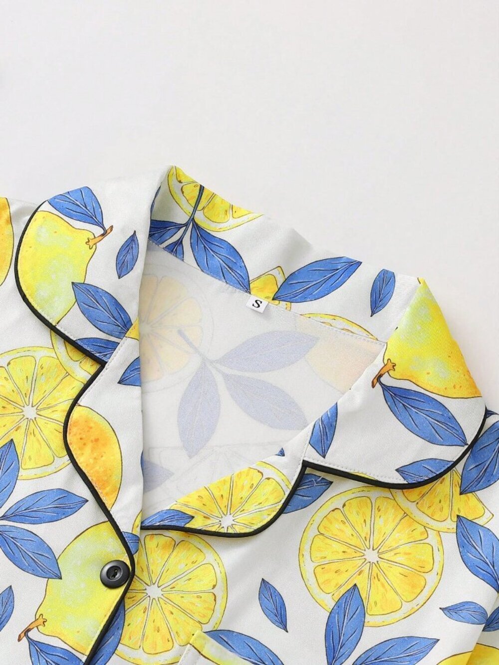 White Women's Lemon Print Pajama Sleeve Lapel Top and Shorts set - Picture 3 of 8